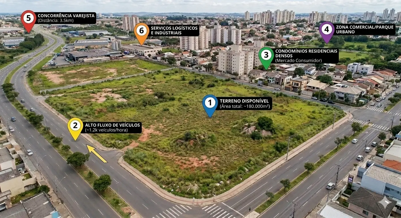 Mapa visual da área com pontos de análise comercial destacados no entorno.
